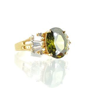 Gold Tone Ring with Green and White Stones Size 7